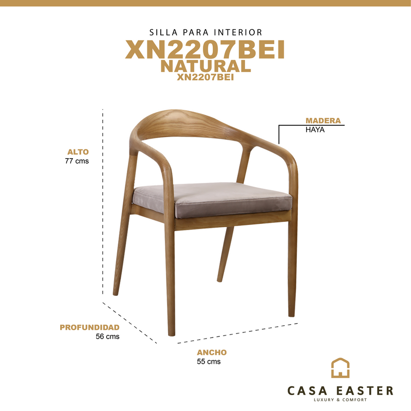 Cargue la imagen en el visor de la galería, Silla de interior de madera color natural con beige-XN2207BE1