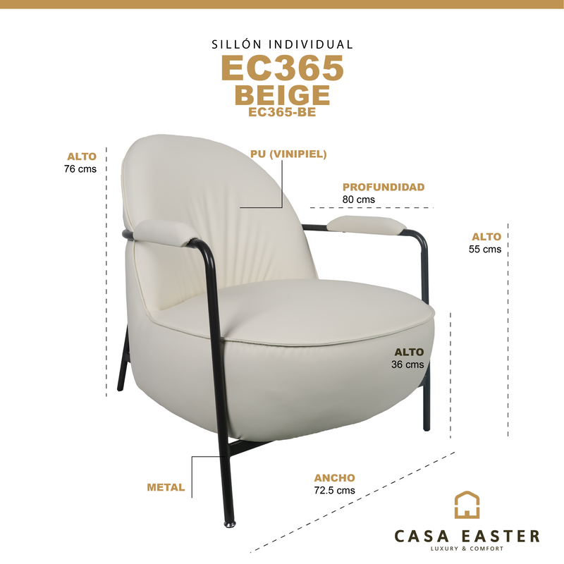 Cargue la imagen en el visor de la galería, Sillón individual EC365 de Interior con PU - EC365-BE