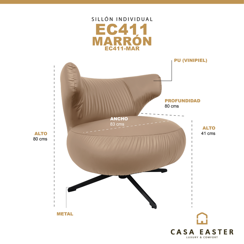 Cargue la imagen en el visor de la galería, Sillón individual EC411 de Interior color Marrón con PU - EC411-MAR