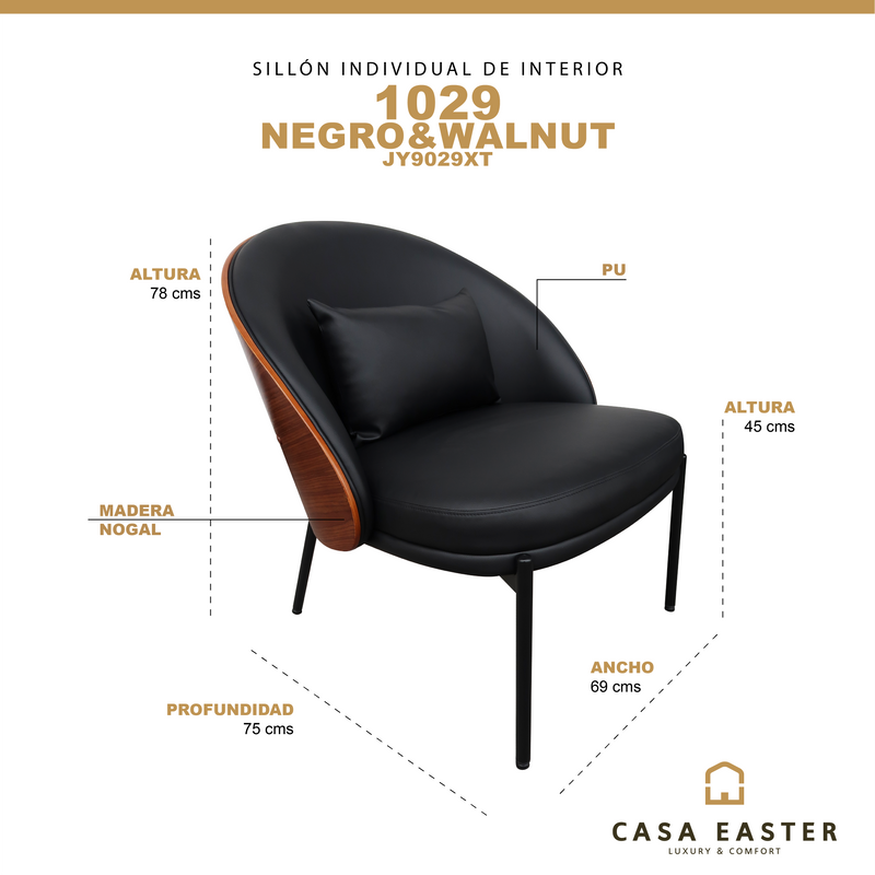 Cargue la imagen en el visor de la galería, Sillón individual de interior JY9029XT - 1029 color negro&walnut - JY9029XT / 1029