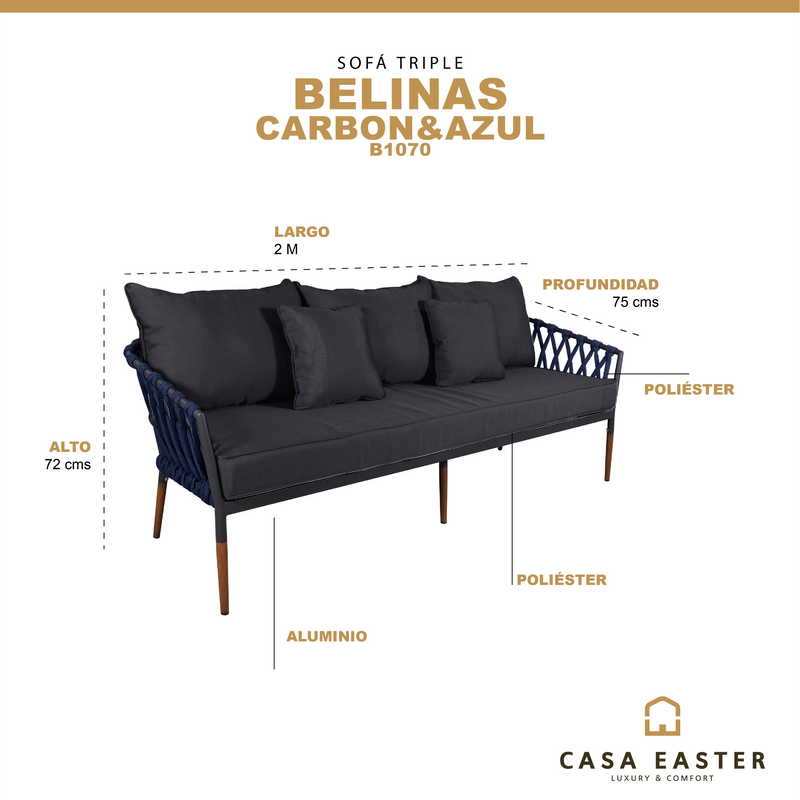 Cargue la imagen en el visor de la galería, Sofa para Terraza o Jardin Color Carbon & azul BELINAS TRIPLE- B1070