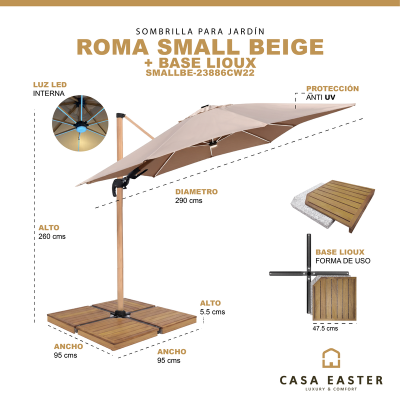 Cargue la imagen en el visor de la galería, Sombrilla SMALL ROMA LED Brazo Lateral Para Jardín Color Beige + base LIOUX - SMALLBE-23886CW22