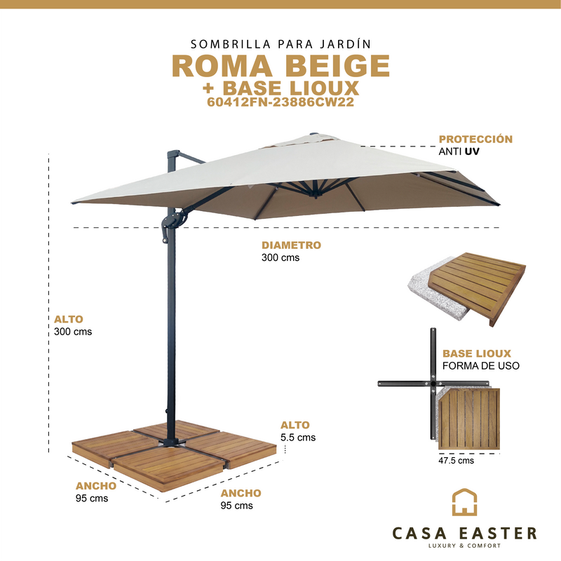 Cargue la imagen en el visor de la galería, Sombrilla ROMA Brazo Lateral Para Jardin Color Beige + base LIOUX - 60412FN-23886CW22