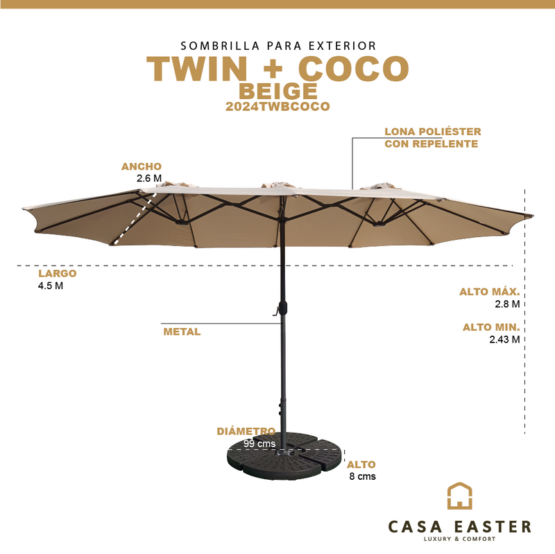 Cargue la imagen en el visor de la galería, Sombrilla Twin Para Jardin de triple sombrilla Color Beige + base COCO - 2024TWBCOCO