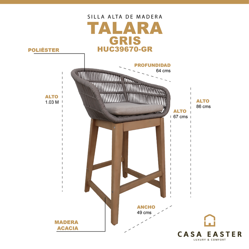 Cargue la imagen en el visor de la galería, Silla Alta de Lazo para Interior de Madera Acacia Color Gris TALARA -HUC39670-GR