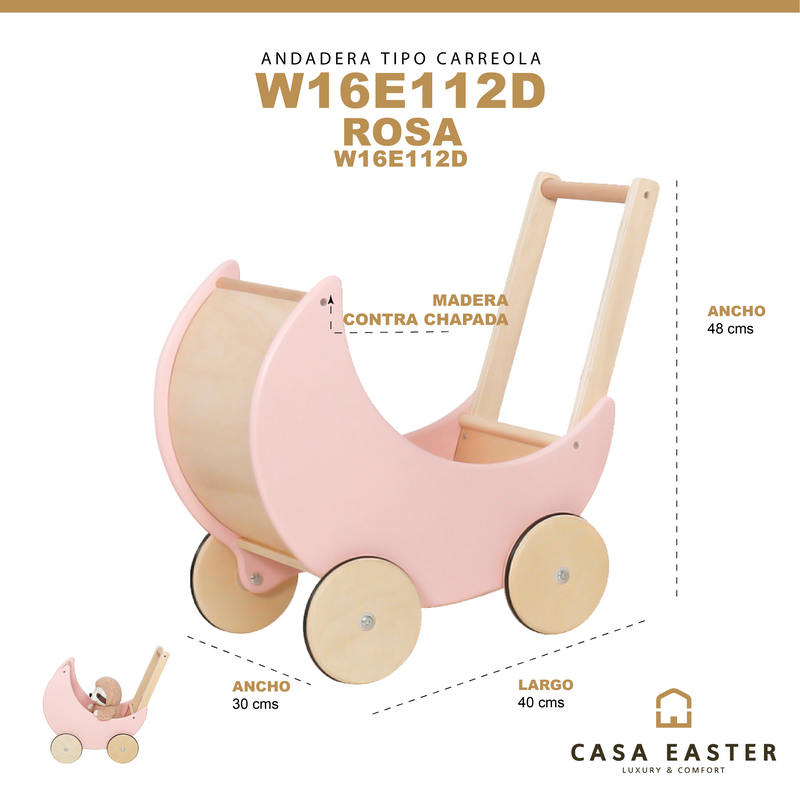 Cargue la imagen en el visor de la galería, Andadera de bebe estilo carriola color rosa de Madera - W16E112D