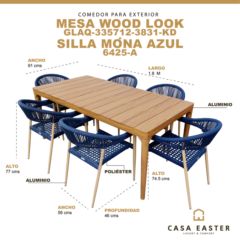 Cargue la imagen en el visor de la galería, Comedor de Aluminio 1.8 M Wood Look + 6 sillas Mona color azul