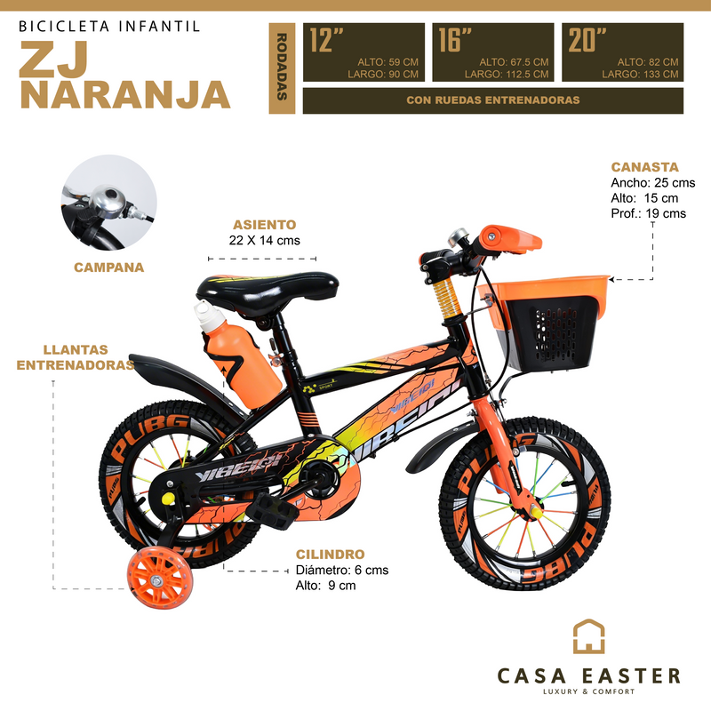 Cargue la imagen en el visor de la galería, Bicicleta infantil ZJ de 16" Color Naranja - 16ZJ-NA