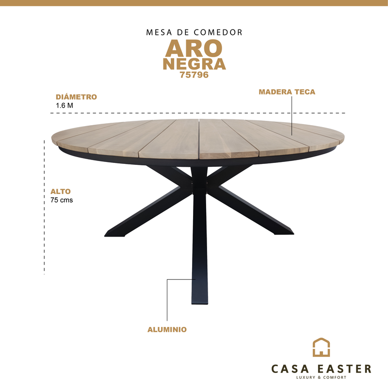 Cargue la imagen en el visor de la galería, Mesa de Comedor Circular 1.6 M para exterior estilo redonda Color Negro ARO-75796