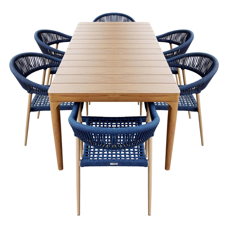 Cargue la imagen en el visor de la galería, Comedor de Aluminio 1.8 M Wood Look + 6 sillas Mona color azul