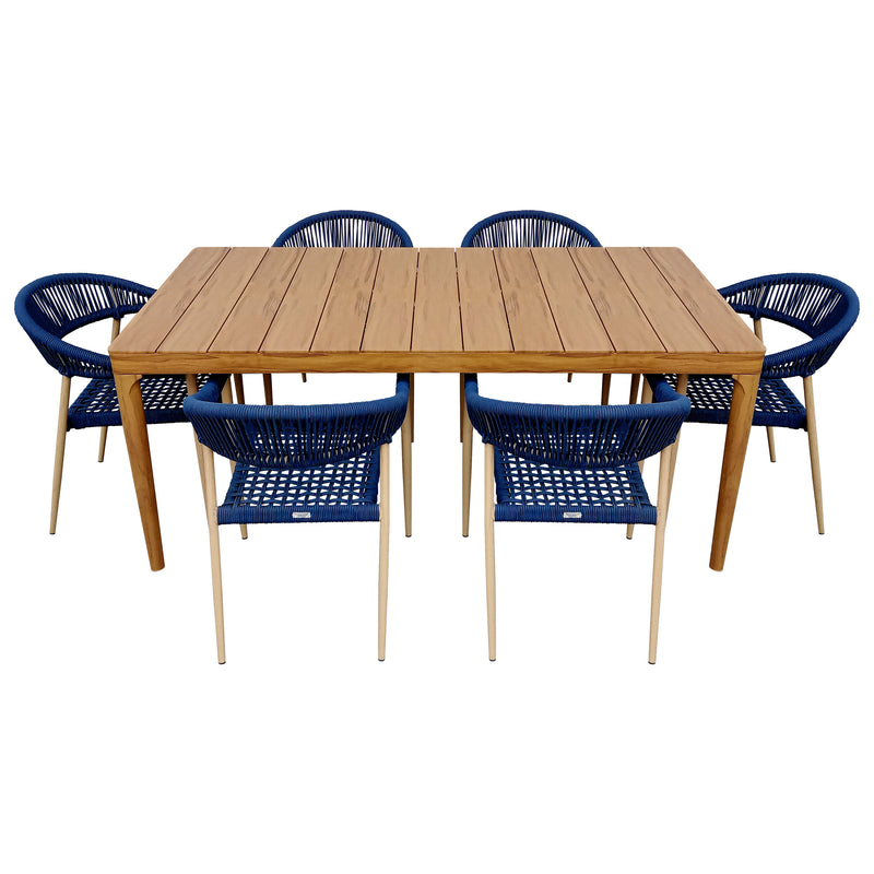 Cargue la imagen en el visor de la galería, Comedor de Aluminio 1.8 M Wood Look + 6 sillas Mona color azul