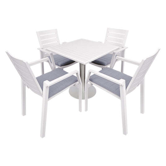 Comedor de Aluminio color Blanco Cava + Lojan plateado + 4 sillas Swiss blanco