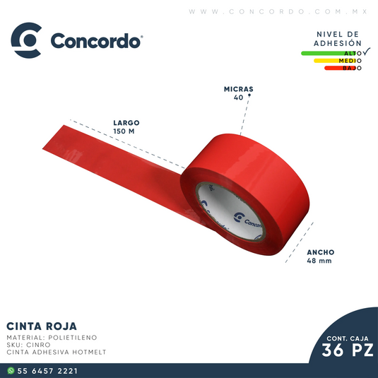 Caja De Cinta 150m x 48mm 36pz Color Roja-CINRO Concordo mx