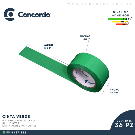 Caja De Cinta 150m x 48mm 36pz Color Verde-CINVER Concordo mx