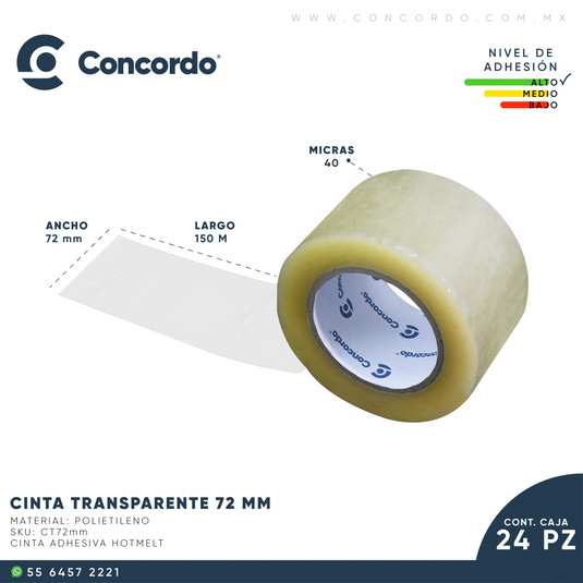 Caja De Cinta 150m x 72mm 24pz Color Transparente-CT72 Concordo mx