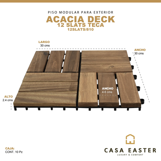 Caja de 10 pz-Piso Modular de madera Acacia Color Teca-12slats/810