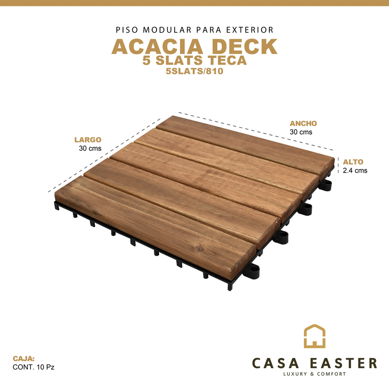 Cargue la imagen en el visor de la galería, Caja de 10 pz-Piso Modular de madera Acacia Color Teca-5 slats-810 CasaEaster
