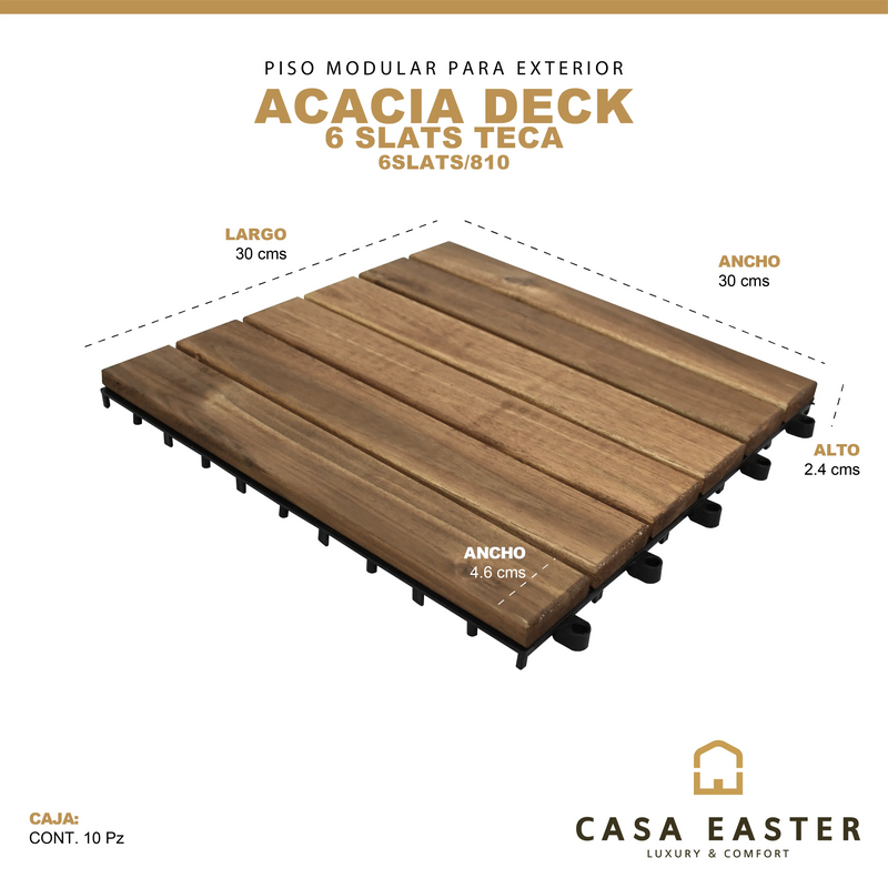 Cargue la imagen en el visor de la galería, Caja de 10 pz-Piso Modular de madera Acacia Color Teca-6slats-810 CasaEaster
