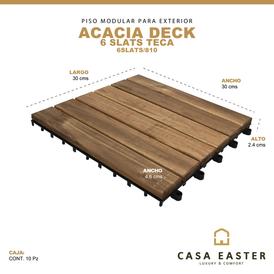 Caja de 10 pz-Piso Modular de madera Acacia Color Teca-6slats/810