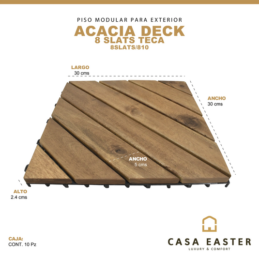 Caja de 10 pz-Piso Modular de madera Acacia Color Teca -8slats-810 CasaEaster