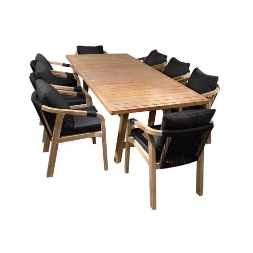 Comedor para Exterior o Jardin Rectangular 2.3 M Rimini + 8 Silla Dehaan C/Cojín Negro