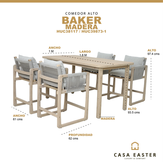 Comedor Alto de Madera con 4 sillas BAKER CasaEaster
