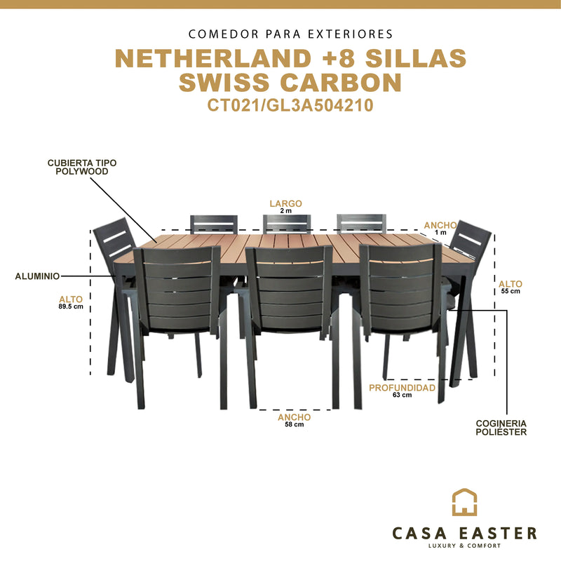 Cargue la imagen en el visor de la galería, Comedor Netherland + 8 sillas Swiss color Carbon CasaEaster
