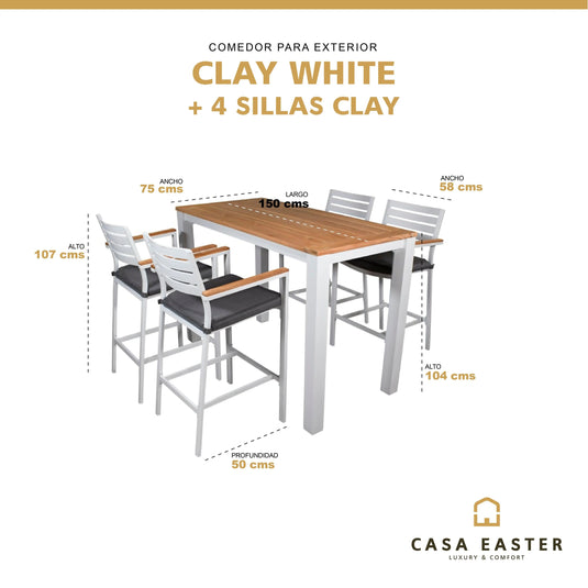 Comedor de barra Alto para Exterior o Jardin Clay blanco + 4 Silla Clay Alta blanca