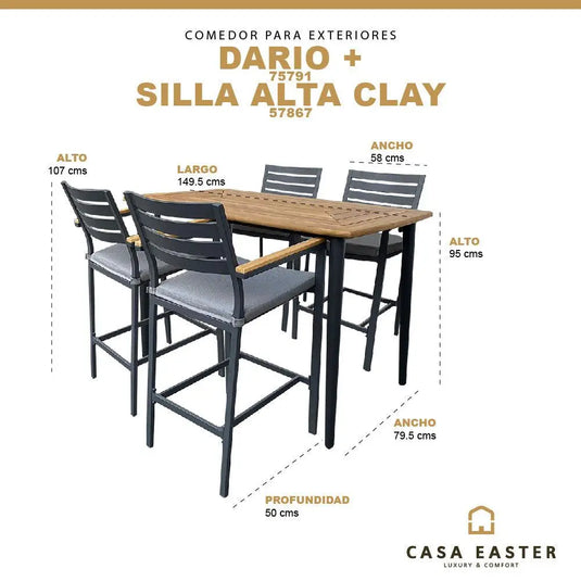 Comedor de barra Alto para Exterior o Jardin modelo Dario + 4 sillas alta Clay Carbon