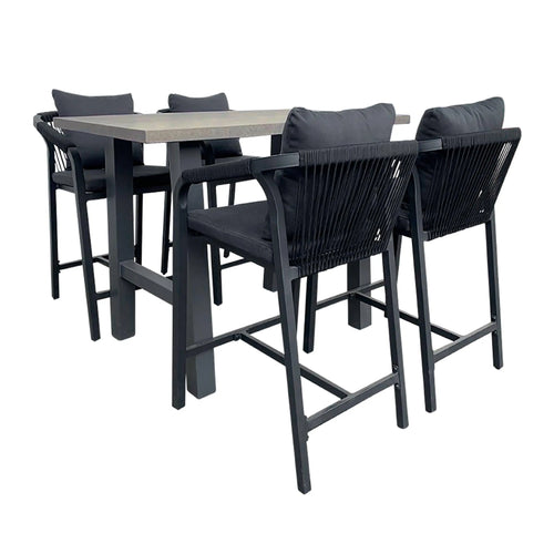 Comedor de barra 1.3 M para Exterior o Jardin modelo Montville + 4 Silla Ancona Alta Negro