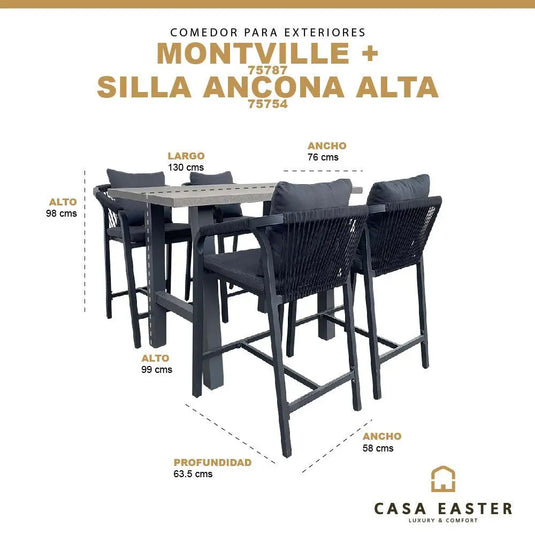 Comedor de barra Alto para Exterior o Jardin modelo Montville + 4 Silla Ancona Alta Negro