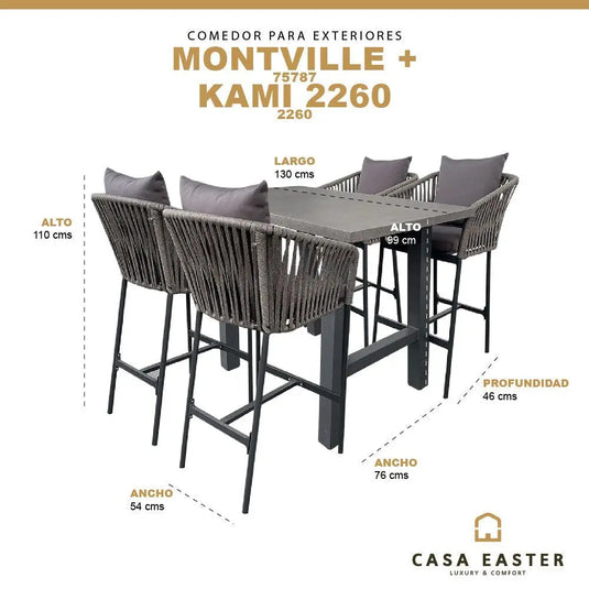 Comedor de barra Alto para Exterior o Jardin modelo Montville +4 Banco alto Kami