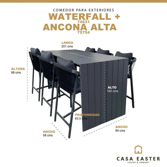 Comedor de barra Alto para Exterior o Jardin modelo Waterfall + 6 sillas Ancona Alta Carbon