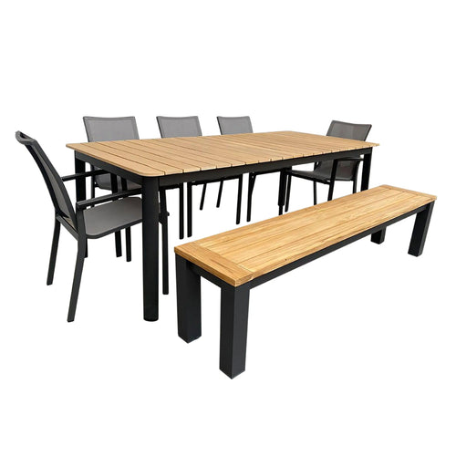 Comedor para Exterior o Jardin 2.1 M Cargo + 5 Sillas Koshem + Banca Clay Larga Negro