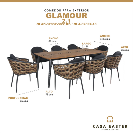 Comedor para exterior Glamour 2.1m color carbon + 8 sillas glamour color carbon CasaEaster