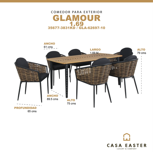 Comedor para exterior Glamour color carbon + 6 sillas glamour color carbon CasaEaster