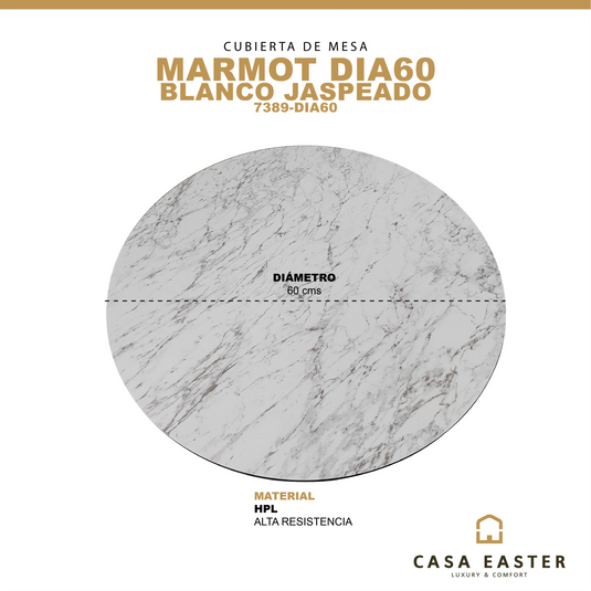 Cubierta de mesa Laminado de Alta Presión HPL Color Blanco Jaspeado-MARMOT-7389-DIA60 CasaEaster