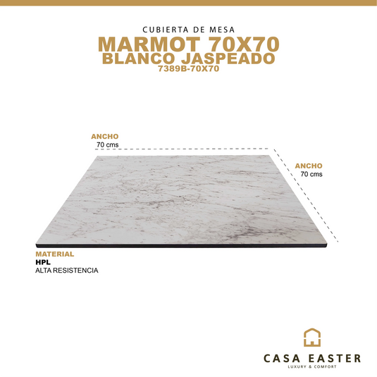 Cubierta de mesa Laminado de Alta Presión HPL Color Blanco Jaspeado MARMOT-7389B-70X70 CasaEaster