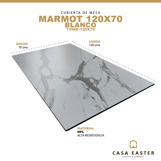Cubierta de mesa Laminado de Alta Presión HPL Color Blanco MARMOT 7396E-120X70
