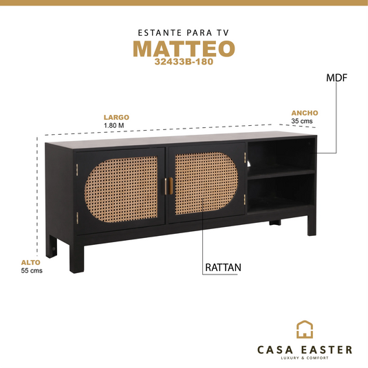 Estante de TV, color chocolate con Rattan, Matteo- Mod: 32433B-180 -233D CasaEaster