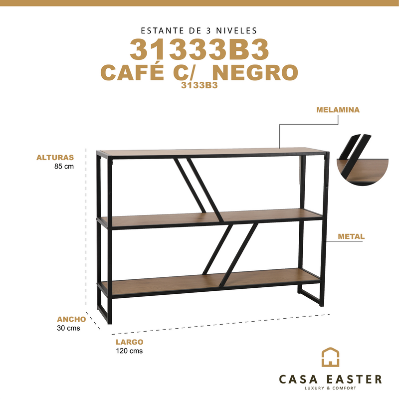 Cargue la imagen en el visor de la galería, Estante de 3 niveles para interior color negro &amp; café - 31333B3
