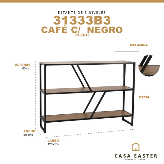 Estante de 3 niveles para interior color negro & café - 31333B3