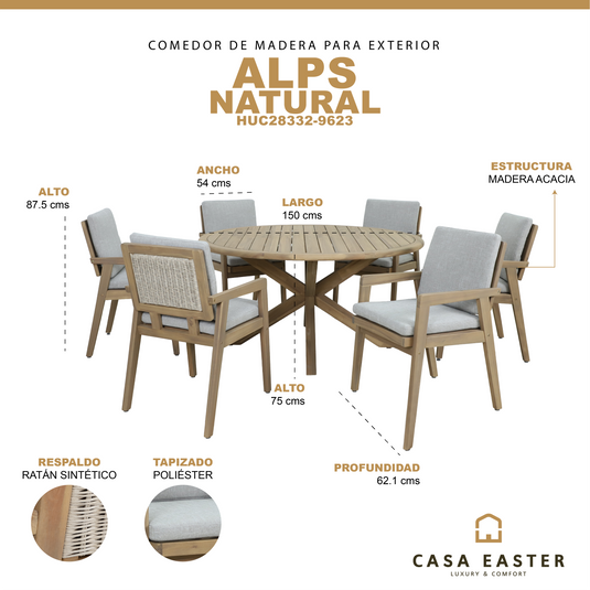 Comedor redondo de madera ALPS 1.5M + 6 sillas Alps color natural - HUC28332-9623
