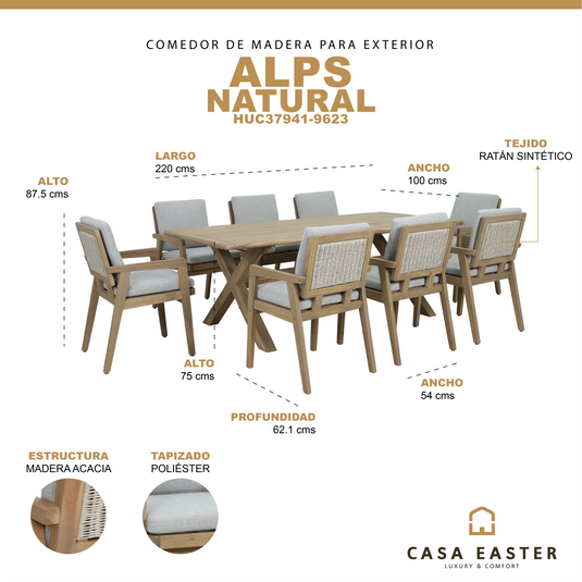 Comedor rectangular ALPS 2.2M + 8 sillas Alps color natural - HUC37941-9623