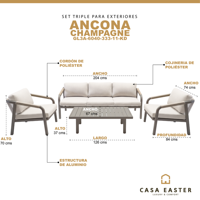 Cargue la imagen en el visor de la galería, Sala Triple Ancona de aluminio color Champagne - GL3A-6040-333-11-KD
