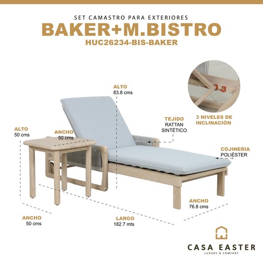 Set camastro de esterior con mesa bistro Baker en madera color natural - HUC26234-BIS-BAKER