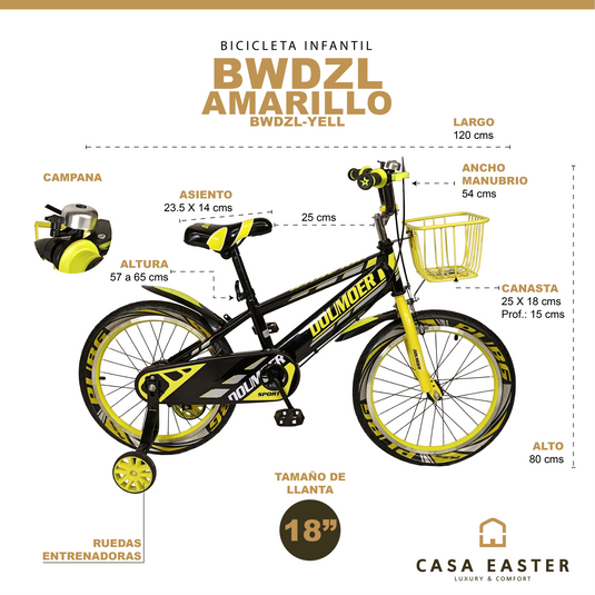 Bicicleta Infantil de 18 Pulgadas BWDZL-YELL Color amarillo - BWDZL-YELL