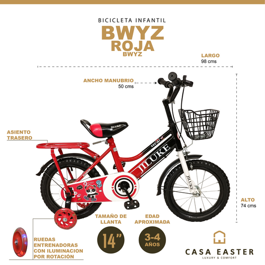 Bicicleta Infantil de 14 Pulgadas BWYZ Color rojo - BWYZ
