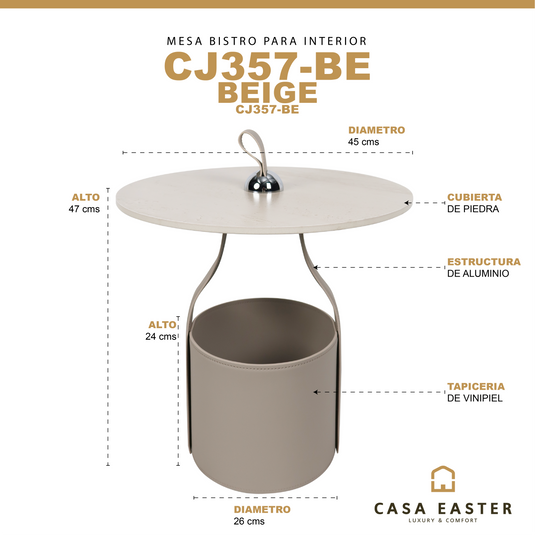 Mesa Bistro CJ357 de Interior con piel sintética color beige y cubierta de piedra - CJ357
