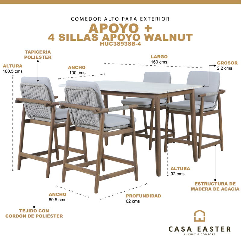 Cargue la imagen en el visor de la galería, Comedor alto de Madera Apoyo 1.6M con 4 sillas Apoyo - HUC38938B-4
